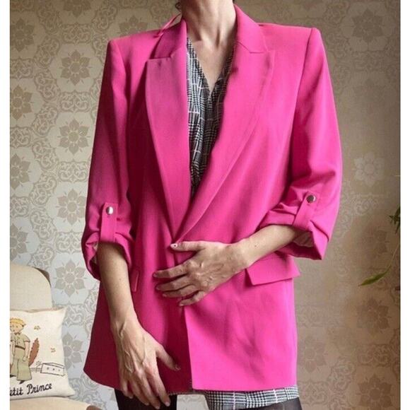 Zara Jackets & Blazers - Zara Fuchsia Pink Rolled Sleeve Blazer Open Front Shoulder Pads Size Small